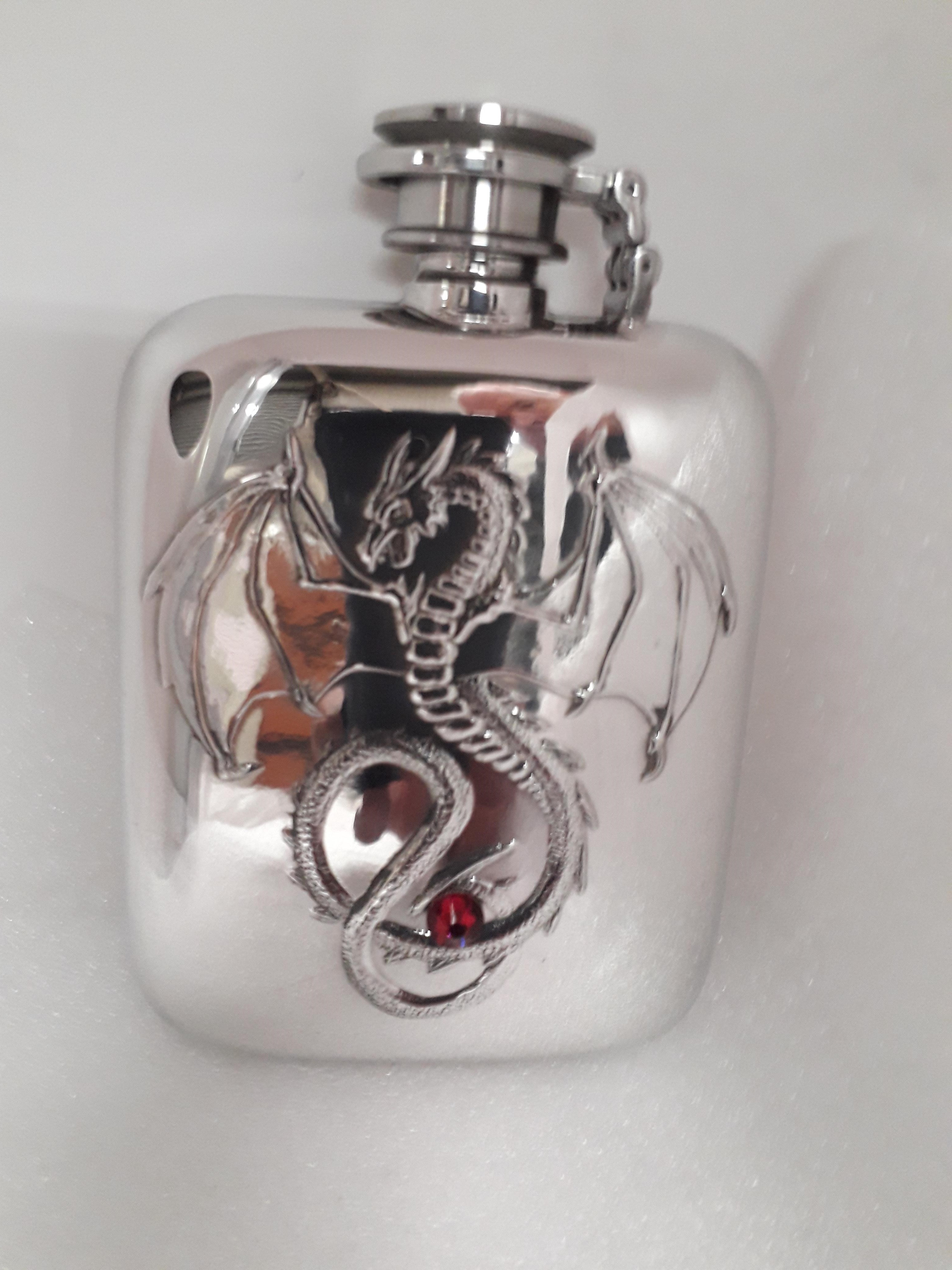 F140 4oz stamped flask Embossed Dragon captive top fitted (image for) F140 4oz stamped flask Embossed Dragon captive top fitted